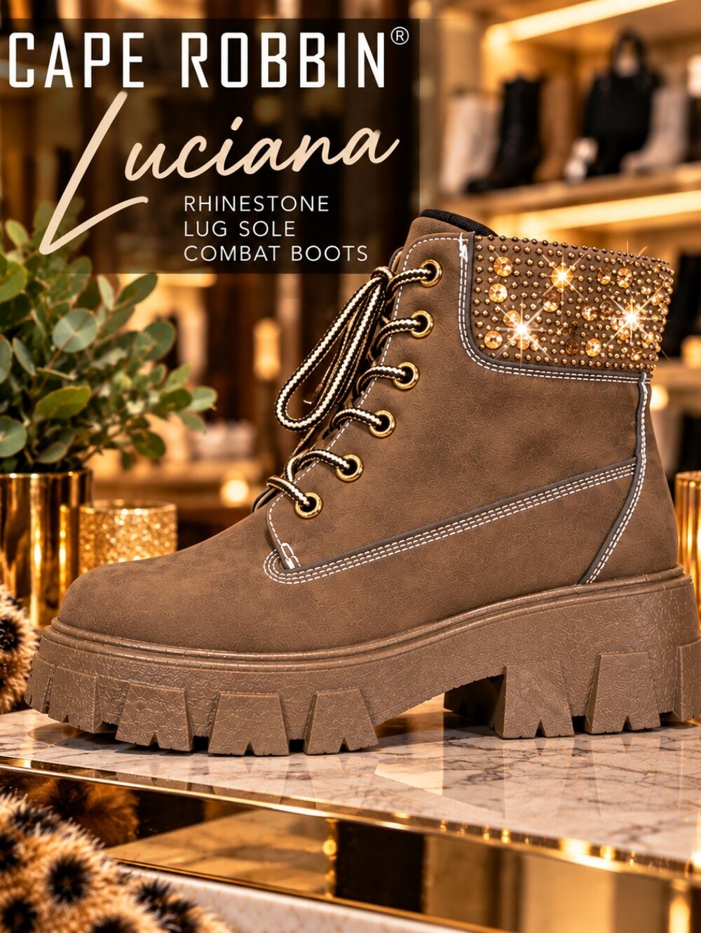 Cape Robbin Luciana Rhinestone Lug Sole Combat Boots Brown Size 10 NIB